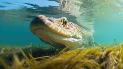 Wall Mural - Northern Pike Fish Swimming Near the Surface of the Azure-Colored Water