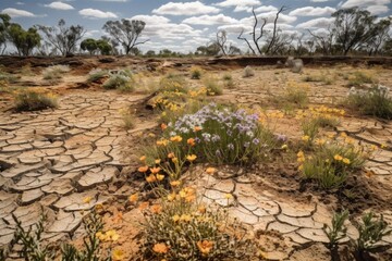 Wall Mural - dry and cracked earth, with native plants blooming in the background, created with generative ai