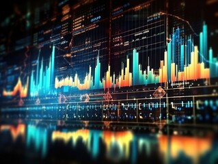 Economic and Financial graphs with glowing lines and diagram on digital screen. Trading market and economic concept. Generative AI