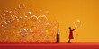 © koldunova - A playful composition of a person blowing bubbles that transform into miniature, concept of Transience of Time, created with Generative AI technology