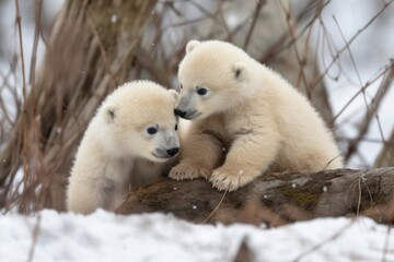 Poster - adorable polar bear cubs wrestling and tumbling on the crisp snow, created with generative ai