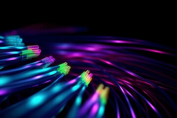 Canvas Print - an illustrated background of cyber optic cables, neon colors. black background, AI Generative