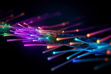 Poster - an illustrated background of cyber optic cables, neon colors. black background, AI Generative