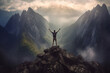 Man triumphantly raises arms on cold mountain peak, capturing the victorious and detached atmosphere, Generative Ai