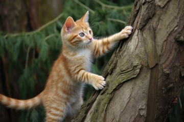 Wall Mural - playful kitten climbing tree with its claws out, showing off, created with generative ai