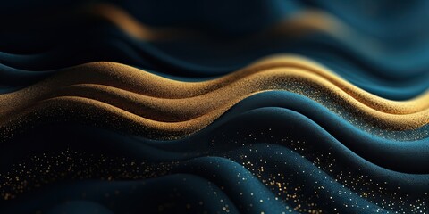 Generative AI illustration of abstract background, gradient color dark with gold blue glitters, elegant color.