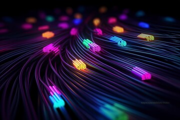 Poster - an illustrated background of cyber optic cables, neon colors. black background, AI Generative