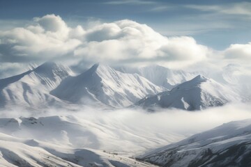 Wall Mural - majestic mountain range, with peaks covered in fresh snow and clouds, created with generative ai