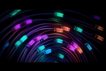 Poster - an illustrated background of cyber optic cables, neon colors. black background, AI Generative