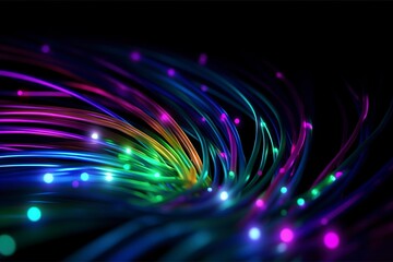 Wall Mural - an illustrated background of cyber optic cables, neon colors. black background, AI Generative