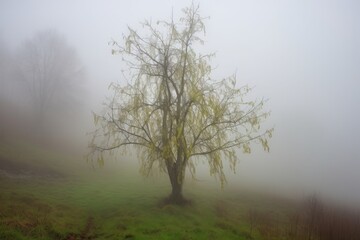 Wall Mural - sprouting tree in a misty morning, surrounded by fog, created with generative ai