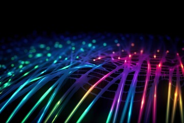Poster - an illustrated background of cyber optic cables, neon colors. black background, AI Generative