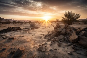 Wall Mural - arid landscape with dramatic sunrise, showcasing the beauty of this harsh environment, created with generative ai