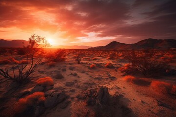 Wall Mural - crimson sunset over barren desert landscape, created with generative ai