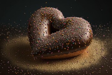 Wall Mural - heart-shaped donut with glittering sprinkles and heart-shaped chocolate sprinkle, created with generative ai