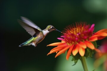 Wall Mural - macro shot of hummingbird fluttering its wings while feeding on flower, created with generative ai