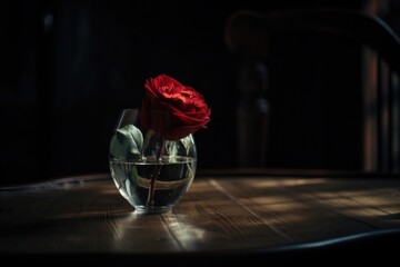 Wall Mural - red rose in clear vase on dark wooden table, created with generative ai