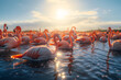 Flock of flamingos many individuals on the lake. Generative AI.