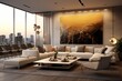 A chic and contemporary living room in a penthouse, showcasing sleek lines, designer furniture, and a curated art collection. Generative Ai