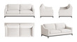 Set of five views of elegant modern classic three-seater sofa with an ivory cover, shaped armrests, and black legs. Front view, side views, top view, and perspective view. 3d render