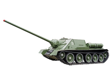 Military green self-propelled artillery mount tank on tracks with a long cannon front side view close-up isolated on a transparent background.