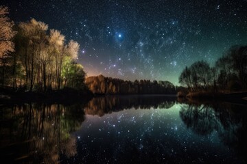 Wall Mural - sparkling reflection of the night sky in a lake, created with generative ai