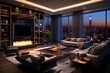 A glamorous living room in a penthouse, complete with a home theater system, a sleek fireplace, and stylish seating for entertaining guests. Generative AI