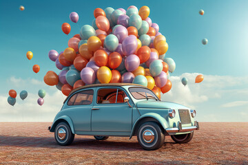  Retro car on the festive background with air balloons. Super photo realistic background. Generative ai illustration