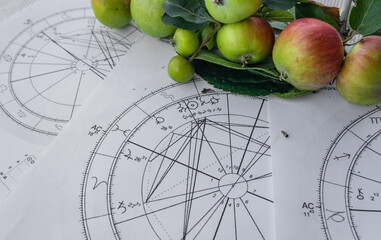 Wall Mural - Printed birth charts with small red apples in the background