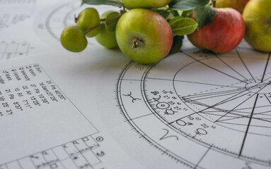 Wall Mural - Printed birth chart with small red apples in the background