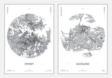 Travel Poster, Urban Street Plan City Map Sydney And Auckland, Vector Illustration