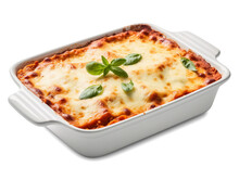 Lasagna In Baking Dish Isolated On Transparent Or White Background, Png