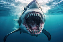 Aggressive Shark, Dangerous Aquatic Predator With Large Jaws. Close-up Fish With Sharp Teeth And Open Mouth Underwater, Attack
