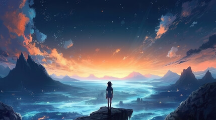 Wall Mural - a strong brave lonely woman watching a beautiful majestic scenery of a fantasy land, aerial view wallpaper, ai generated image