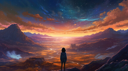 Wall Mural - an impressive epic landscape fantasy scenery of a girl watching the sunset, ai generated image