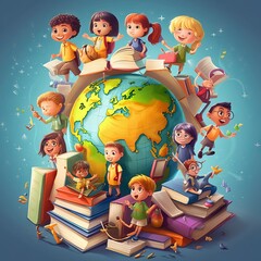 Wall Mural - Group of happy children reading books around globe. Vector illustration.  Cute little kids around planet in cartoon style. Young pupils with books on blue background. Education concept. AI generated