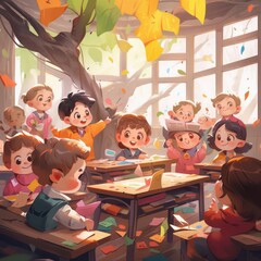 picture of a group of schoolchildren working together in classroom. vector illustration of cute youn