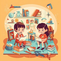 Wall Mural - Vector illustration of a boy and girl studying in a classroom at school. Kids among educational equipment. Happy children working together on a yellow background. Education concept.  Cartoon style