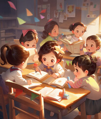 Illustration of a group of schoolchildren reading a book in the classroom.. Cute young pupils reading a book at a table in school. Teamwork, kids and education  concept. AI generated 3D drawing