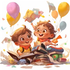 Two boys reading books and having fun together. Vector cartoon illustration. Drawing of cute young pupils reading a book with balloons on the background. Kids and education  concept. AI generated.