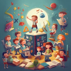 Happy children around building in imaginary world . Kids reading books on the background of house. Group of happy children studying together. Young pupils  on blue background. Education concept.