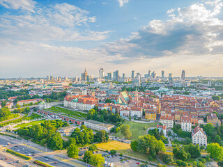 Wall Mural - Aerial panorama of Warsaw, Poland over the Vistual river and City center in a distance Old town. Downtown skyscrapers cityscape. Business