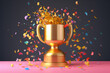 © SnowElf - Gold metal championship trophy cup with festive multicolored flying confetti. Cute 3D icon in a cartoon plastic style in pastel colors. Generative AI 3d rendering illustration imitation.