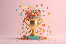 Gold Championship Trophy Cup With Festive Multicolored Flying Confetti On Flat Pink Color. Cute 3D Icon In A Cartoon Plastic Style In Pastel Colors. Generative AI 3d Rendering Illustration Imitation.