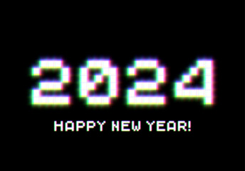 Sticker - 2024 New Year sign with glitched glowing pixels. Winter holiday and year change symbol.