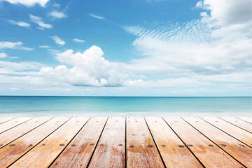 Wall Mural - old wood table top on blurred beach background. Concept Summer, Beach, Sea, Relax.