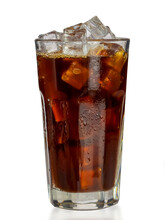 Cold Brown Drink In Tall Transparent Tall Glass With Water Droplets. Closeup Cold Brew Iced Americano Coffee With Ice Cubes No Straw Side View Isolated Clipping Path On White Background. 