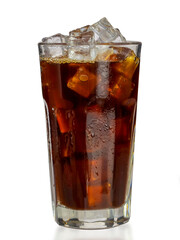 Cold brown drink in tall transparent tall glass with water droplets. Closeup cold brew iced americano coffee with ice cubes no straw side view isolated clipping path on white background. 