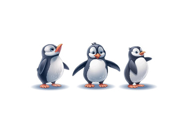 Wall Mural - Cartoon penguins in different poses with emotions on an isolated background. Vector illustration