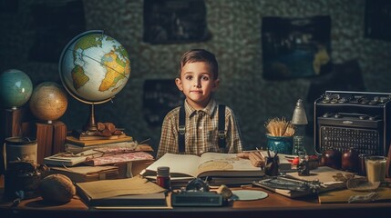 Portrait of serious schoolboy sitting at a desk with books and globe. Cute little boy studying at a table in school. Small child doing homework in dim room at home. Vintage educational concept.